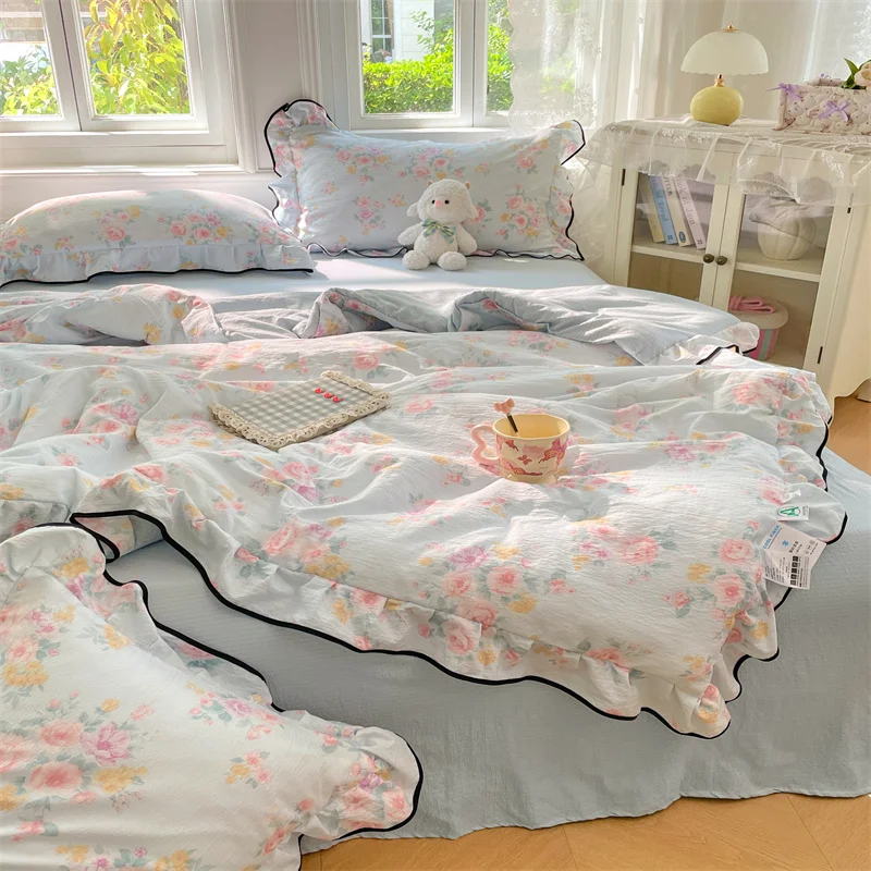 

Floral Style Duvet and Pillowcase Summer Thin Quilt Ruffles Comforter Single/Queen/King Size Bedspread edredones Soft Blanket