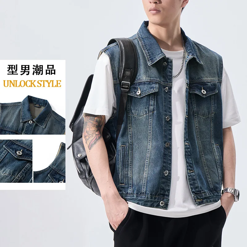 

Высококачественный мужской жилет без рукавов на весну и осень, новый стиль, жилет с отложным воротником и несколькими карманами, повседневный мужской жилет