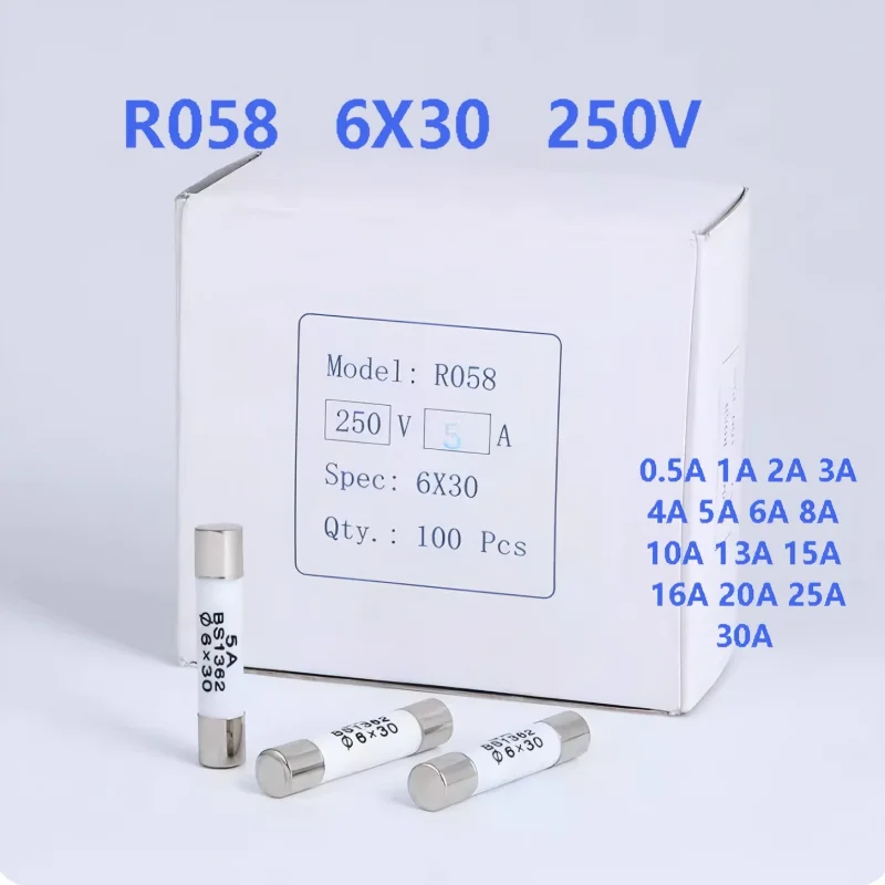 100Pcs Ceramic Tube Fuse 6x25mm RO58 R058 250v 0.5A 1A 2A 3A 4A 5A 6A 8A 10A 15A 16A 20A 25A 30A  6*25 BS1362