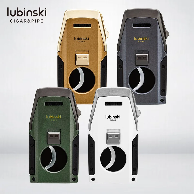 

LUBINSKI Cigar Lighters Turbo Dual Flame Jet With Metal Hole Opener Cigar Cutter Holder Windproof Portable Lighter Men's Gift