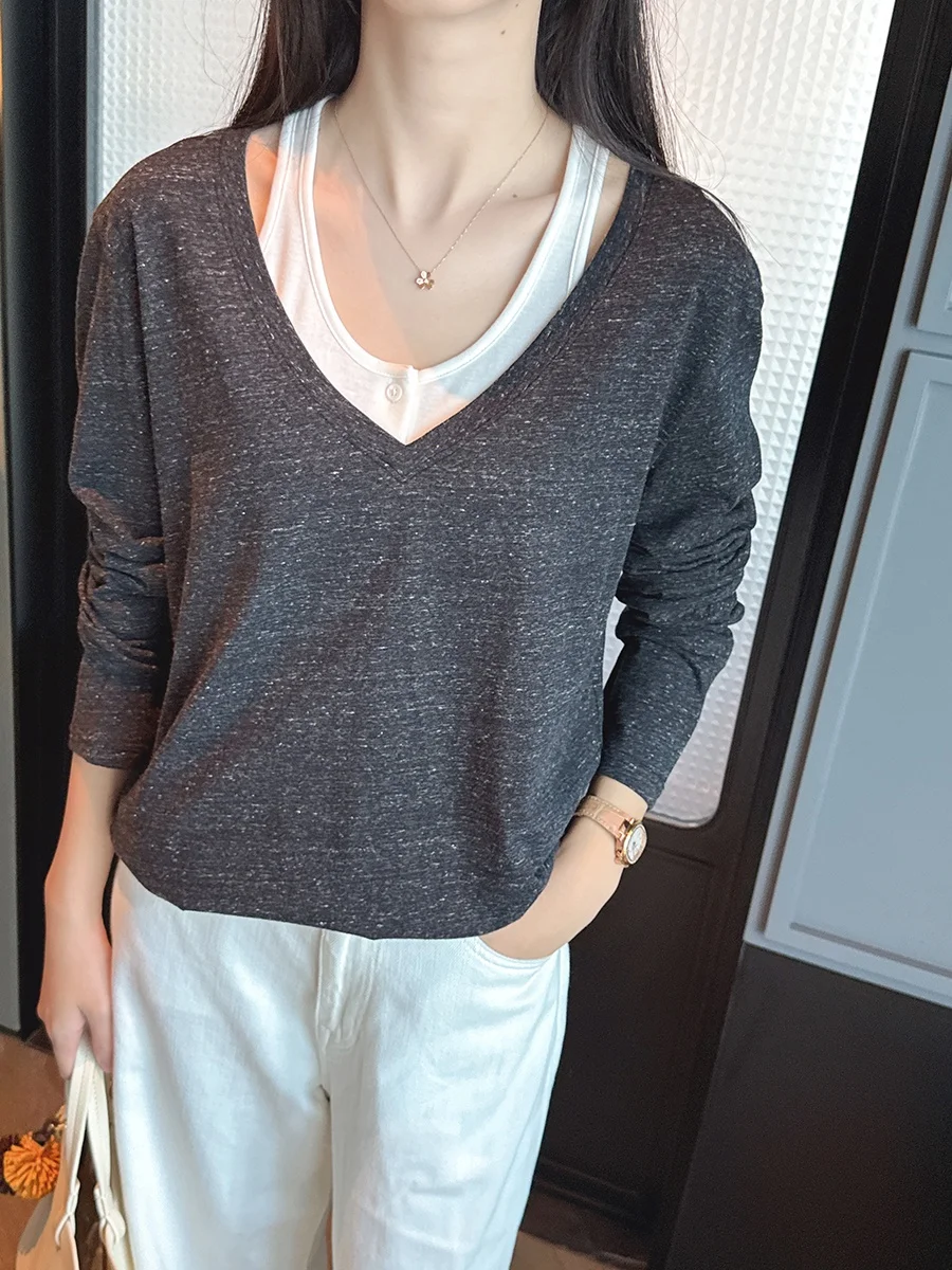 

Soft Mixed Color V-Ne Long Sve Women's T-irt Set Casual Sle Batwing Top Ne Hanging Two-Piece Vest Set for Ladies