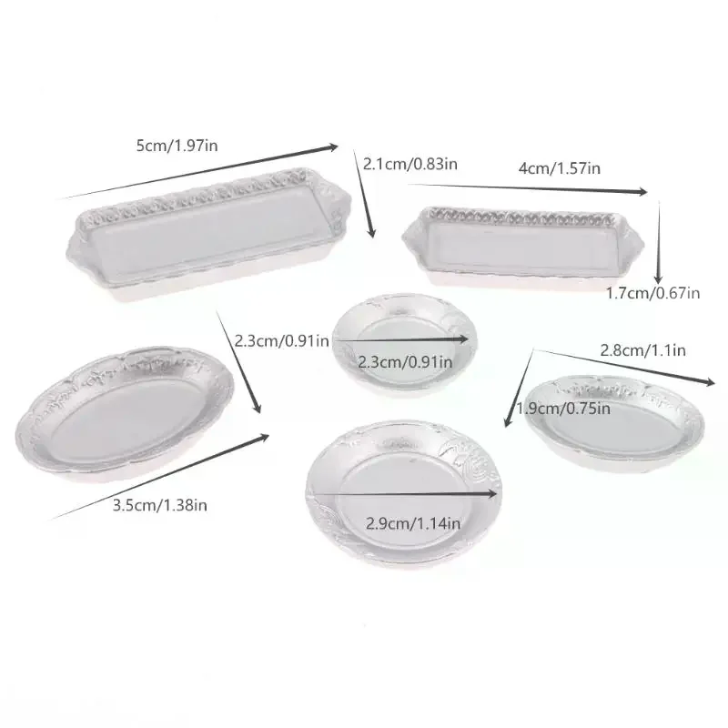 6Pcs 1/12 Puppenhaus Silber Teller Tablett Modell Puppenhaus Küche Geschirr Dekoration Spielzeug Puppen Haus Zubehör