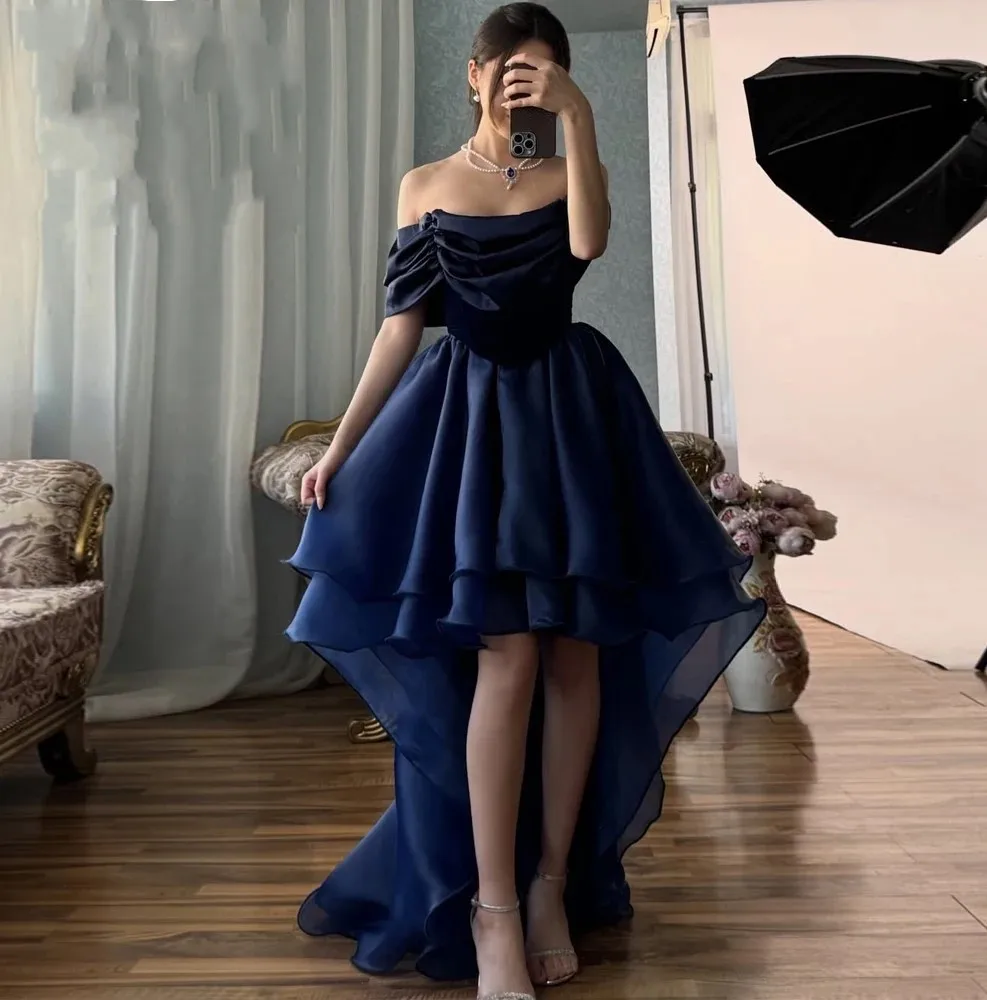Modern Organza Navy Blue Prom Dress 2026 Hi-Lo Off Shoulder Pleats Evening Formal Party Gowns Pageant Robe De Soriee