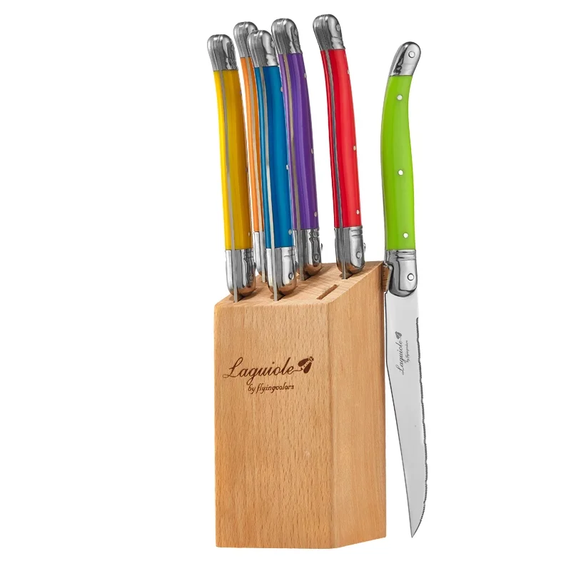 6pcs/7pcs Laguiole Stainless Steel Steak Knife Set Steak Knives With Wooden Holder Steel Dinner Knife  Colorful Xmas Cutlery Set