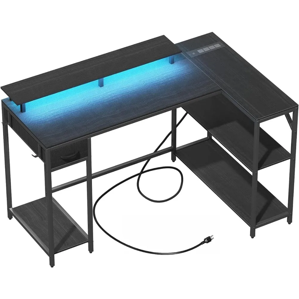 Bureau de jeu en forme de L avec prise de courant et lumière LED, coin de jeu avec crochet et support de moniteur, bureau d'ordinateur réversible