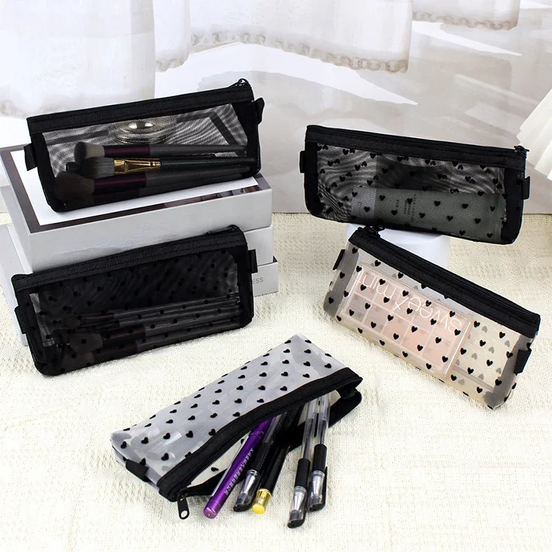 Mesh Cosmetic Makeup Bags Case Holder Cute Transparent Zipper Black Heart Printed Pencil Pen Case Pouch Convenient To Carry