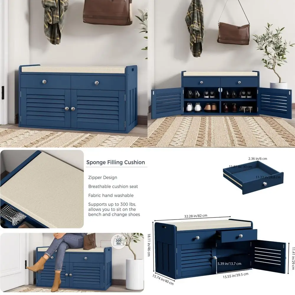 

Mid-Size Storage Shoe Bench with Cushion, Drawers, and Adjustable Shelves for Entryways, Living Rooms, and Halls