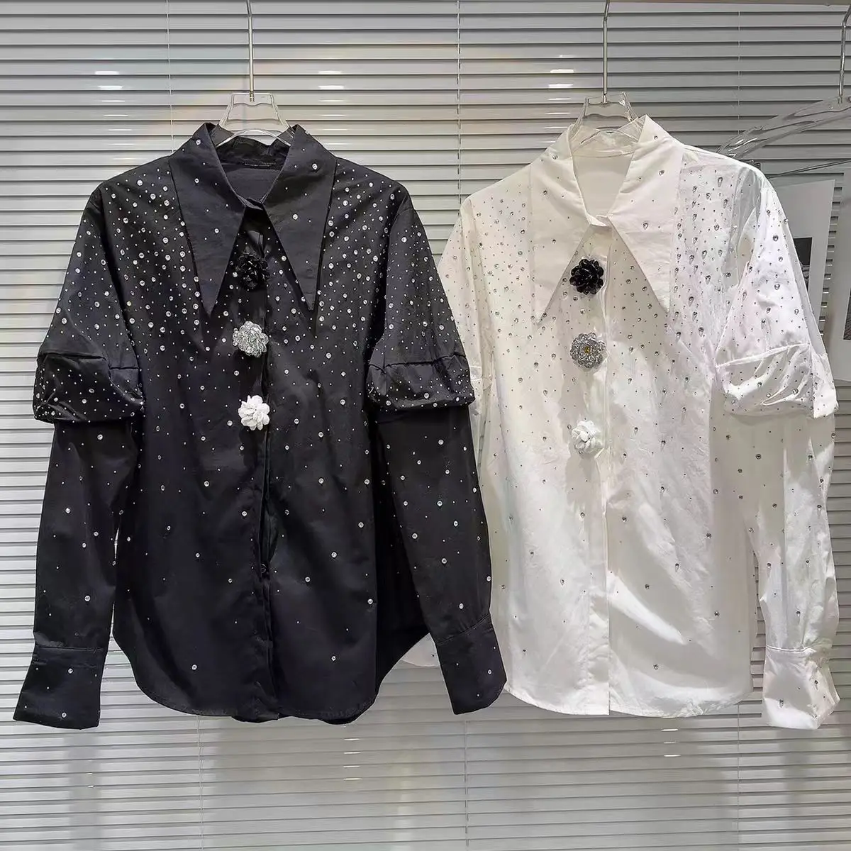 New In Autumn Spring Luxury Diamonds Hot Drilling Cotton Shirts & Blouses Women's Casual Camisas Black White Tops Blusas