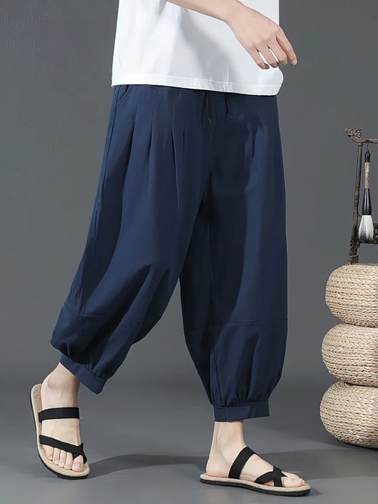 Summer Cotton Linen Shorts Men Baggy Wide leg Casual Capris Pants Male Sport Running Shorts 2025 Oversize Chinese