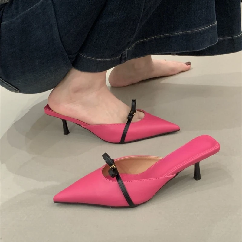 

Новые летние женские туфли-слипоны 2026 года с острым носком на высоком каблуке во французском стиле, с открытым задником, на шнуровке, полуоткрытые сандалии