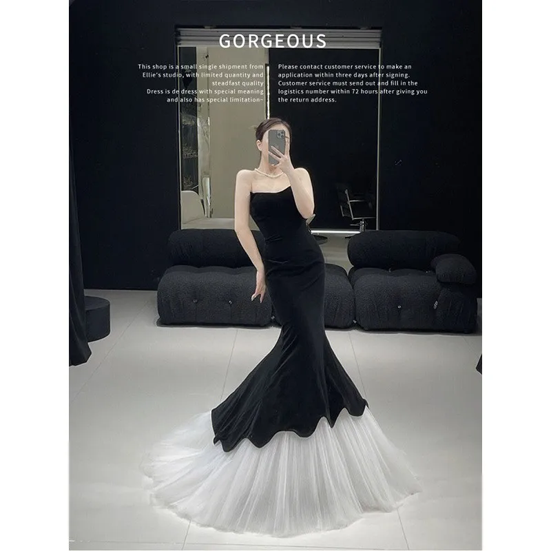 Vestido de cola de pez para banquete de terciopelo vintage tostado