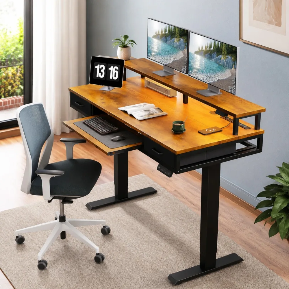 55 Inch Standing Desk with Drawers and Keyboard Tray, Rustic Brown