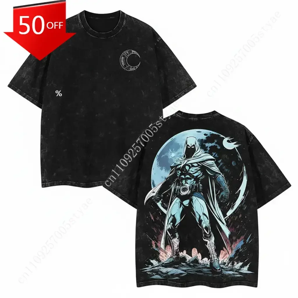 

Marvel Moon Knight The White Knight MCU Edition Double Printed Oversize Acid Washed Tee - Vintage Graphic Design Top for Co