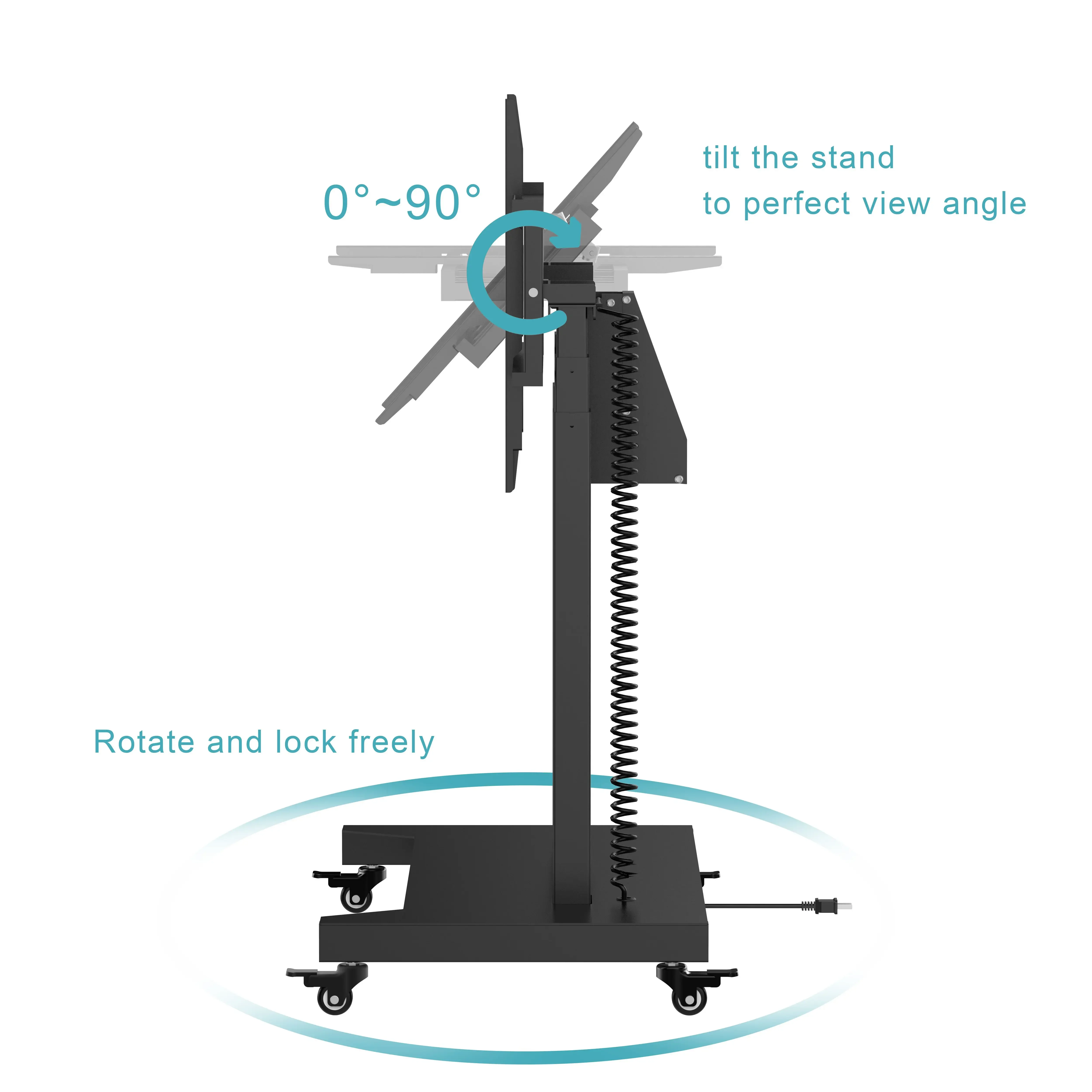 Chariot de télévision motorisé moderne, chariot de télévision réglable en hauteur en métal avec roues, supports de télévision mobiles avec télécommande pour salle de réunion