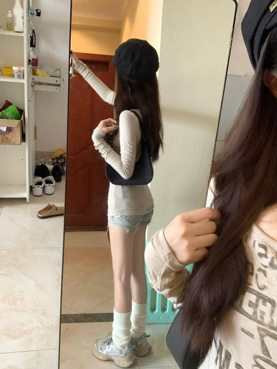 قميص نسائي بأكمام طويلة من القطن الخالص بتصميم أمريكي عتيق، قميص رمادي ضيق للخريف والشتاء، ملابس داخلية نحيفة وجذابة #1