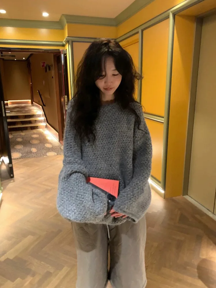 

Свободный женский вязаный свитер с длинным рукавом, мягкий, уютный, с воротником, теплый, шерстяной, повседневный, модный, весенний, стандартной длины