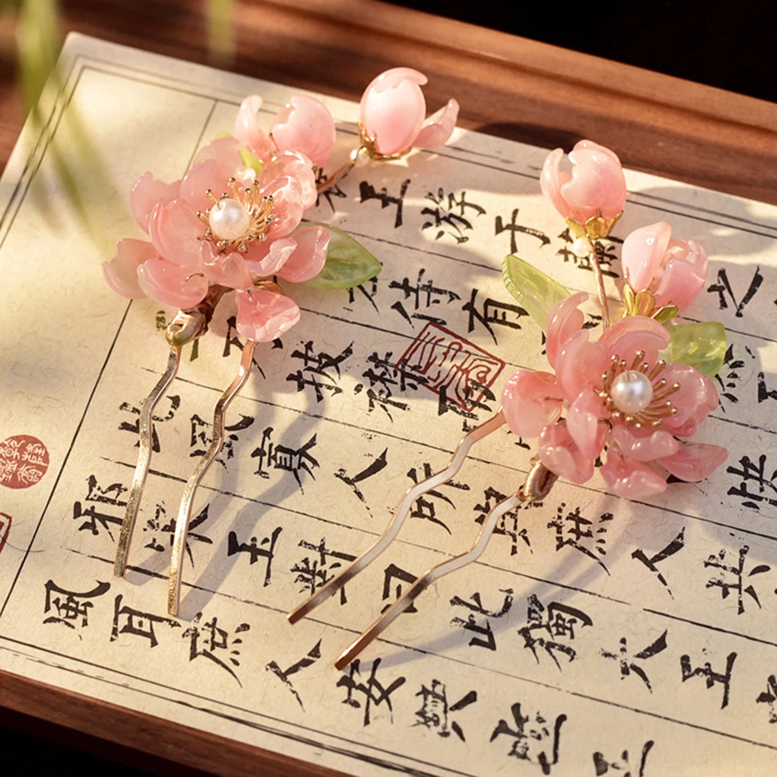 1개 복숭아꽃 머리핀 새로운 중국 스타일 핑크 꽃무늬 헤어 클립 진주 크리스탈 합금 머리 장식 한복 코스프레용