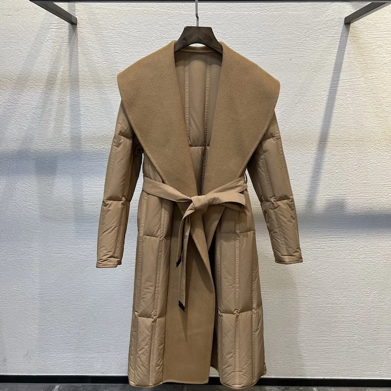 リバーシブル カシミヤ混 ホワイトグースダウンコート レディース ドローストリング付き