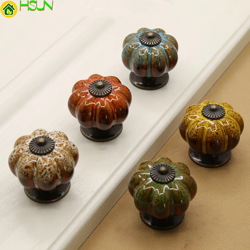 2 pcs European style simple pastoral single hole handle drawer cabinet door leopard pattern ceramic pumpkin handle