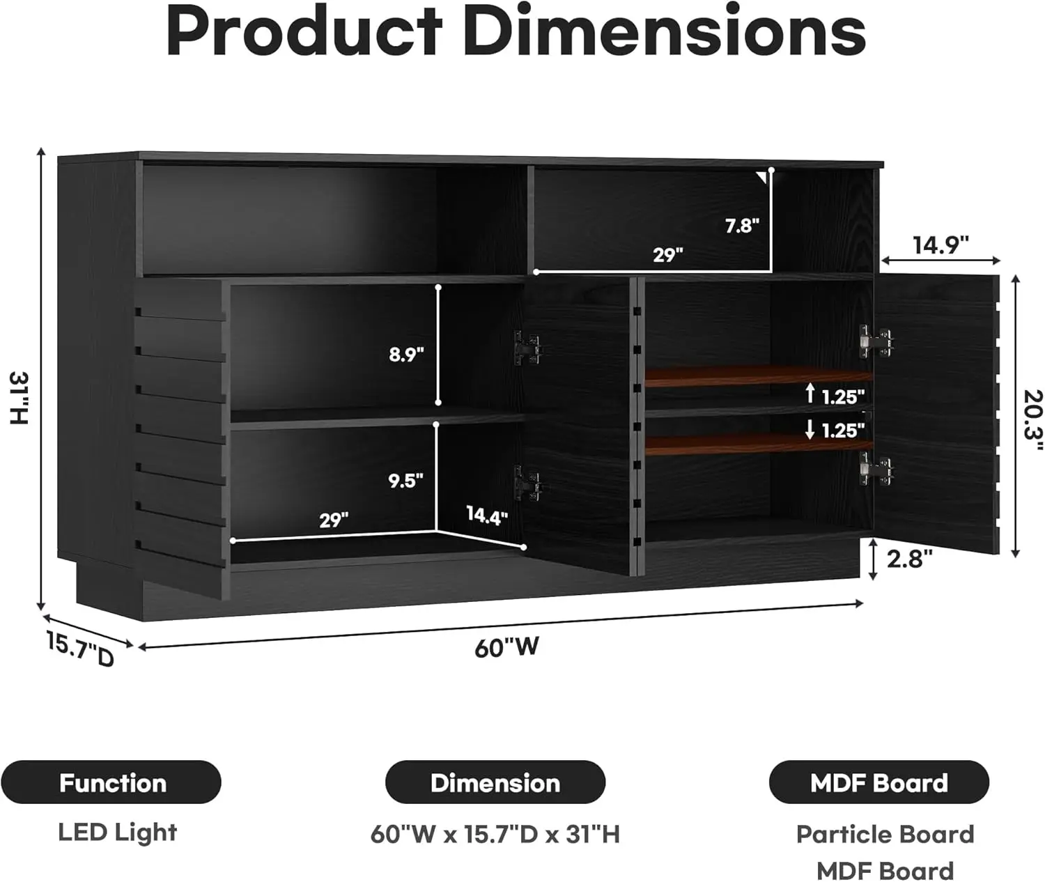 Credenza nera da 60' con luci a LED e ante scanalate, ripiani regolabili, mobile bar per soggiorno