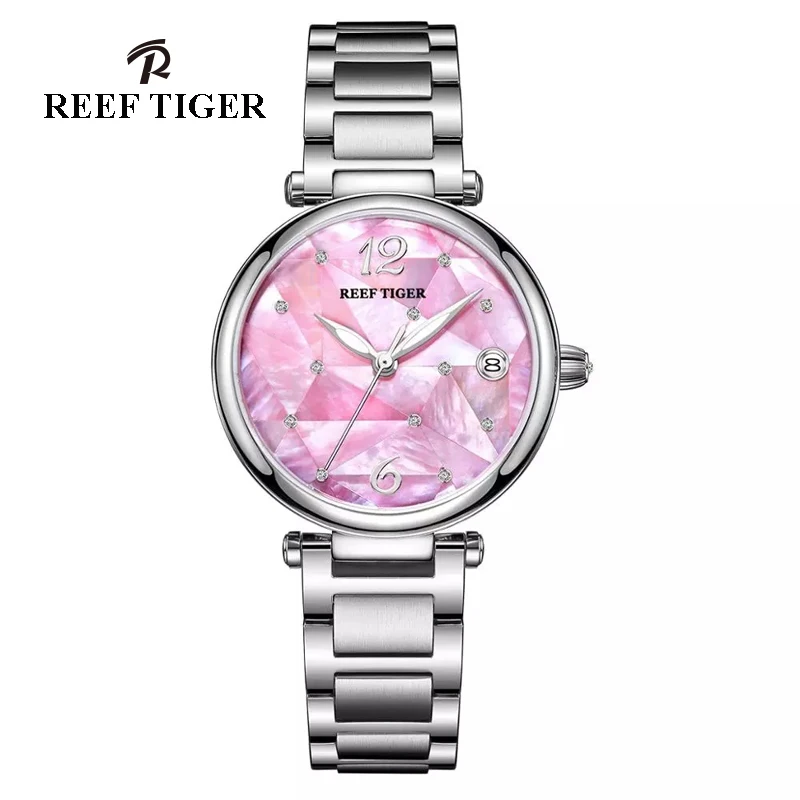 Reef Tiger/ RT Pink Dial Fashion Diamond Women Watches Stainless Steel Bracelet Miyota Movement Automatic Mechanical Watch