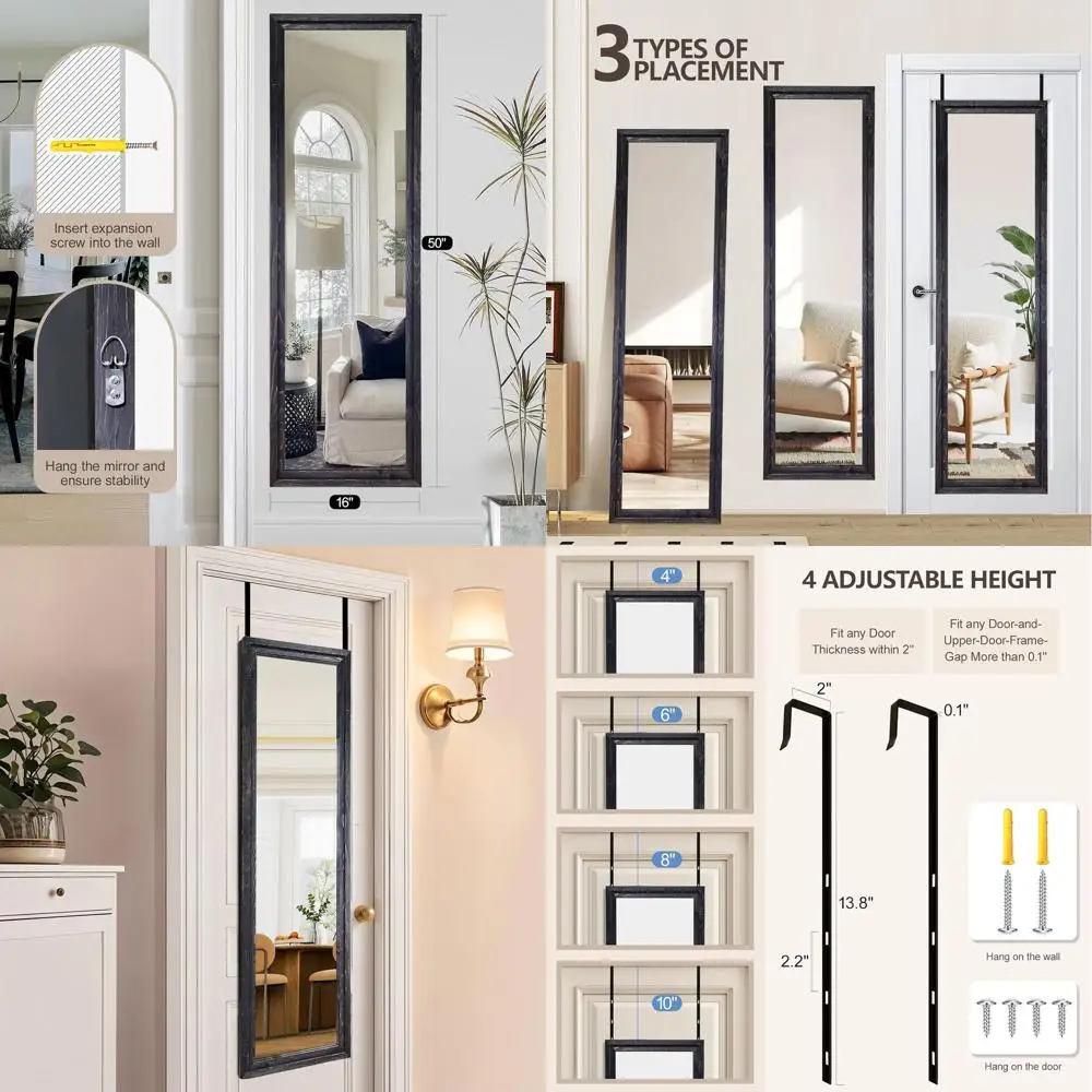 

50x16 Inch Rustic Full-Length Door Hanging Mirror for Bedroom and Bathroom in Black Wood