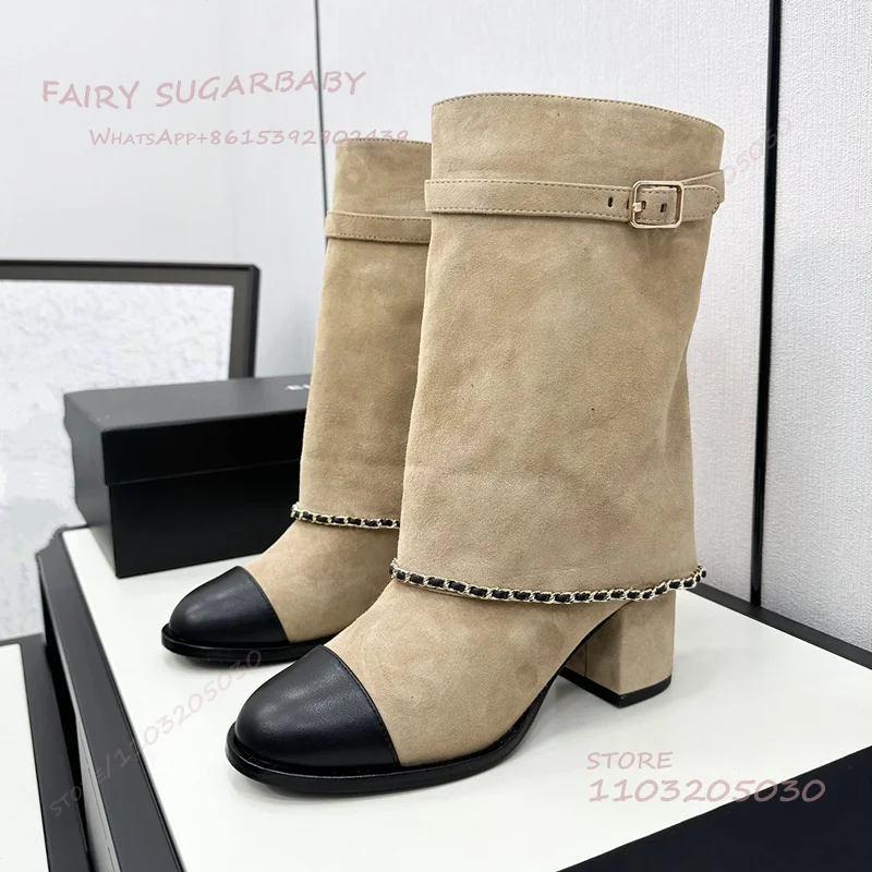 Pure Black Suede Woolen Soft Boots Women Knee Round Toe Leather Straight Buckle Calf Khaki Brown Corduroy Thick Heel Winter Shoe