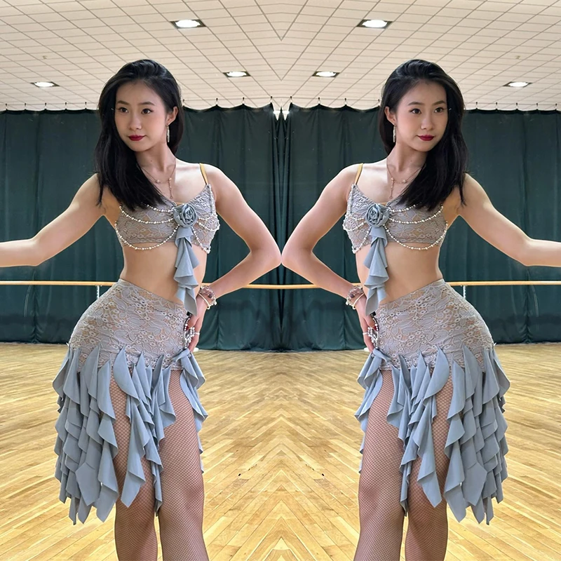 

New Adult Latin Dance Costume Women's Tango Rumba Dance Dress Samba Performance Wear Stage Lady Lace Training Costume XH2580