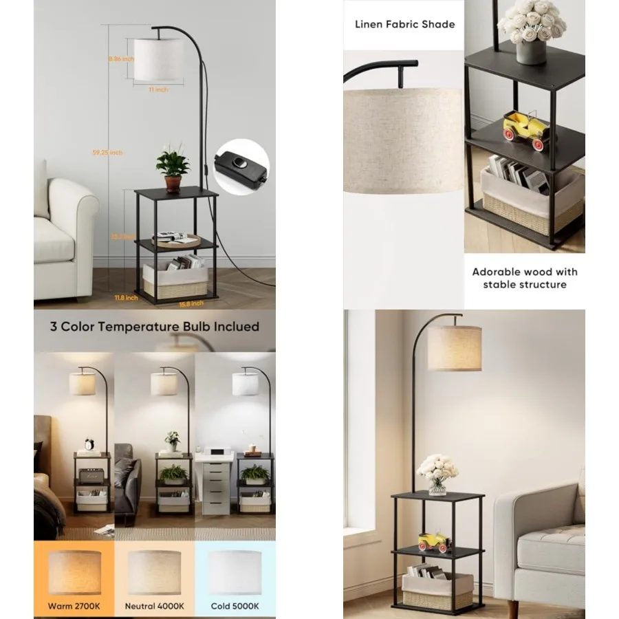 

Floor Lamp with Table, Night Stand with Lamp, Narrow Side Table with 3CCT LED Bulb, Small Coffee Table, Modern End Table with S
