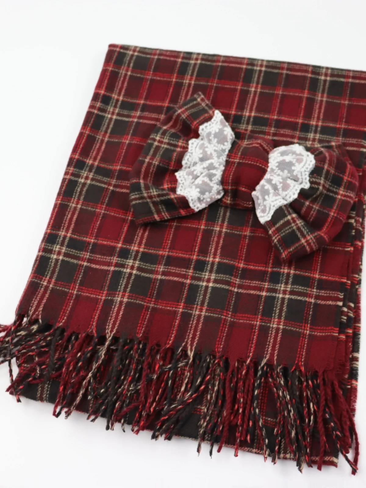 Sweet Bow Scarf Plaid Lolita Cute Girl Shawl Versatile Dual-purpose Model Red Mine Student Japanese Autumn and Winter Scarfs