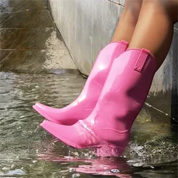 Traf New Women Rain Boots Knee High Cowboy Rubber Boots Elastic Solid Waterproof Cowgirl Pink Boots Ladies Chunky Mid Heel Shoes