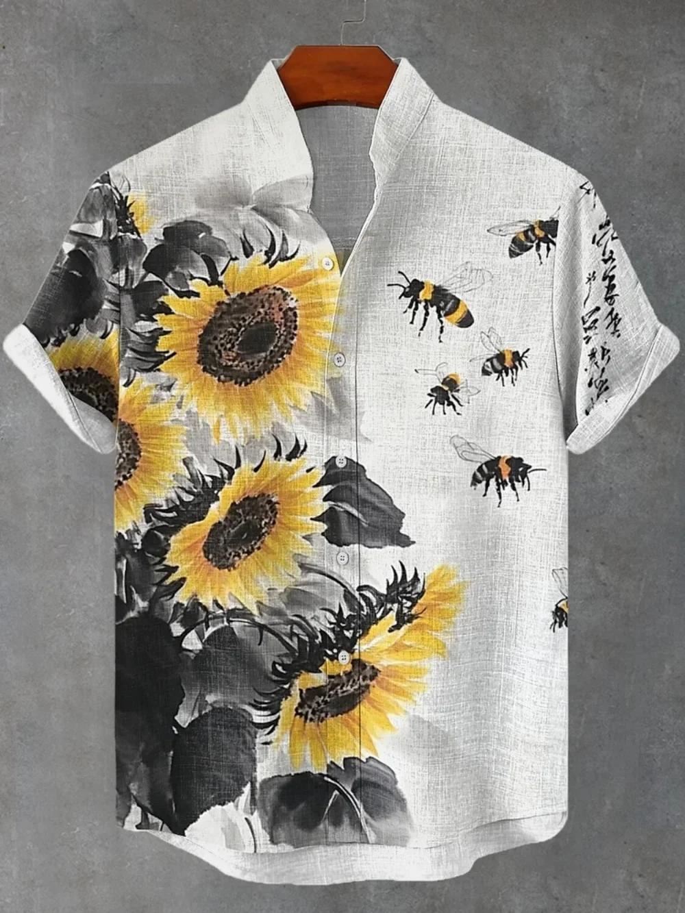 Sunflower Retro Printed Short-Sleeved Stand-Up Collar Men's Shirt Casual Plus Size Summer Fashion New 2025