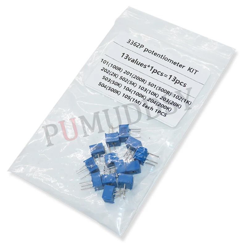 

hjxrhgal 13kinds * 1pcs=13Pcs 3362P Adjustable Potentiometer Kit Contains 100R 200R 500R 1K 2K 5K 10K 20K 50K 100K 200K 1M New