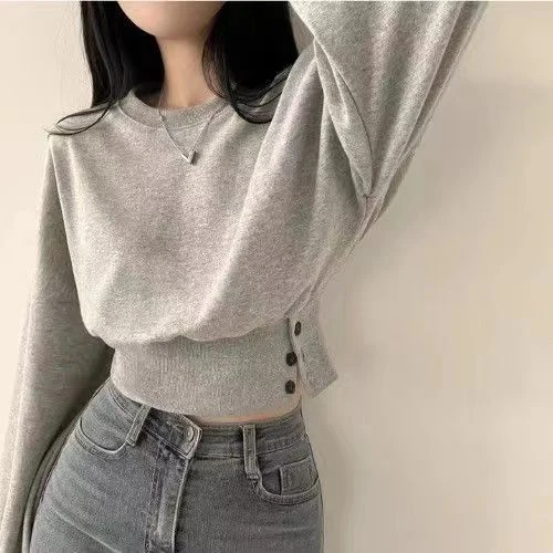 Sweatshirts Women Crop Sporty Leisure Autumn Ulzzang Buttons Design Baggy Defined Young Street Aesthetic Temper Daily Harajuku