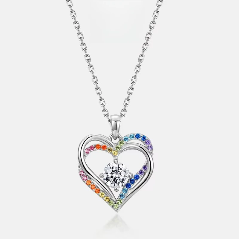 

New Rainbow Love Pendant S925 Silver Plated 18K Gold Inlaid Stone PT950 Platinum Ocean Heart Shaped Clavicle Chain