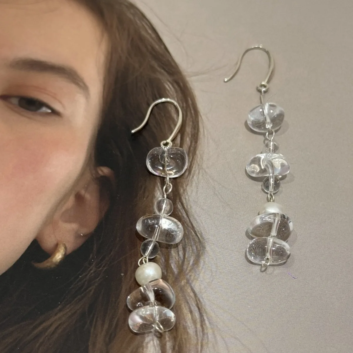 Summer handmade chill simple irregular white crystal natural pearl earrings long ear hook for girls