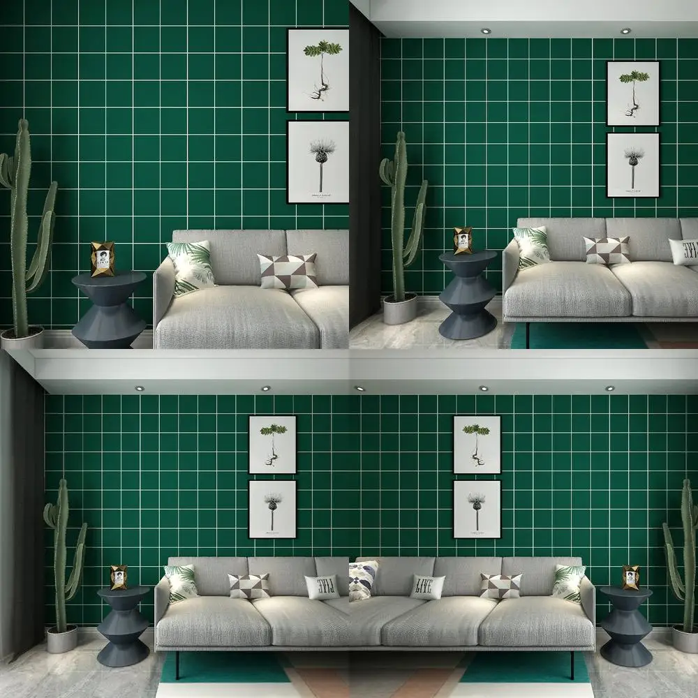 

American style luxury wallpaper houndstooth black and white checkered retro dark green living room bedroom sofa accent wall wall