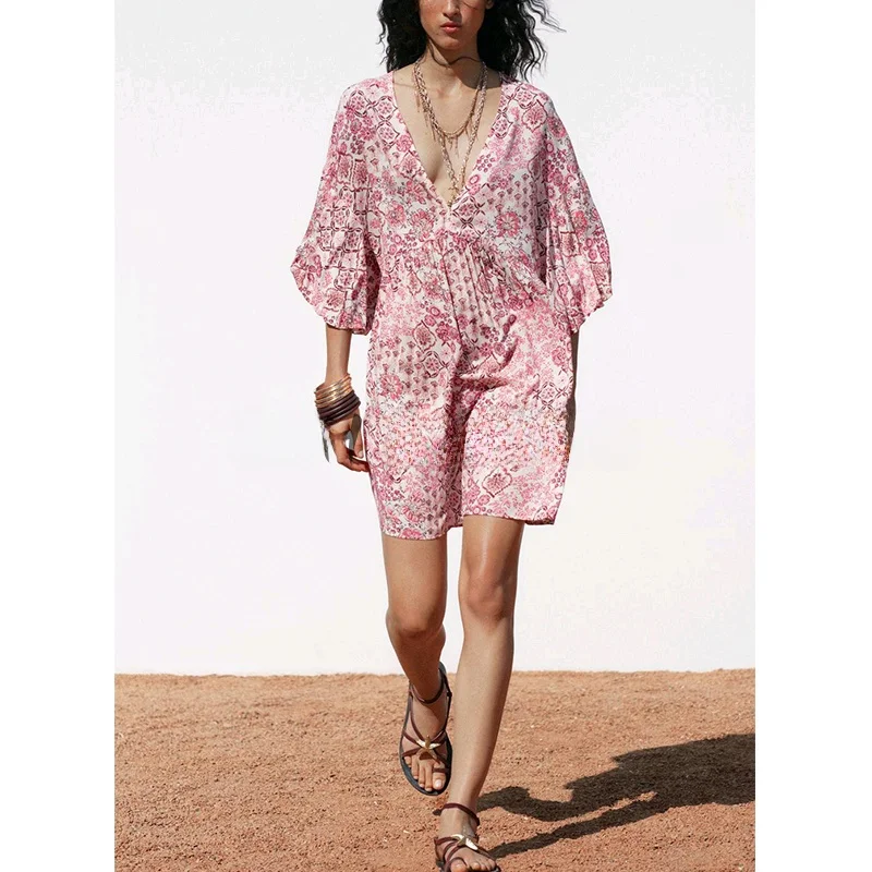 Vestido f de verão, novo, em camadas, com decote em V, manga bufante estampada,  vestido casual, cintura solta, fi...