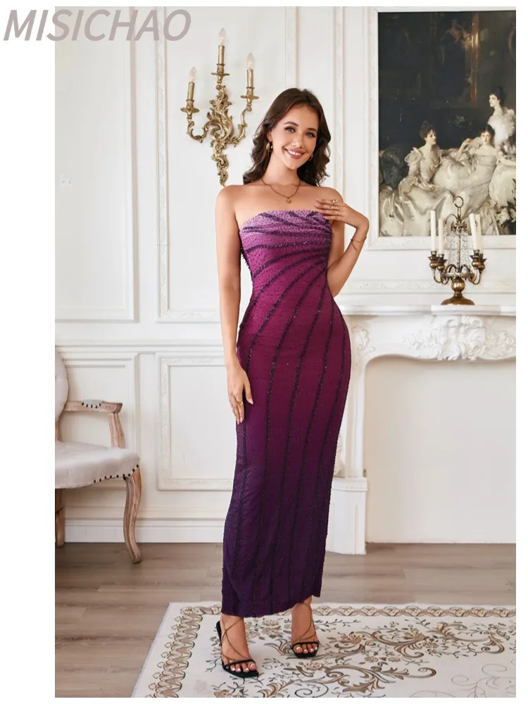 MISICHAO Women's Bandeau Deep Purple Stripe Sequin Slim Fit Mermaid Long Gown Side Slit Formal Evening Party Prom Dress