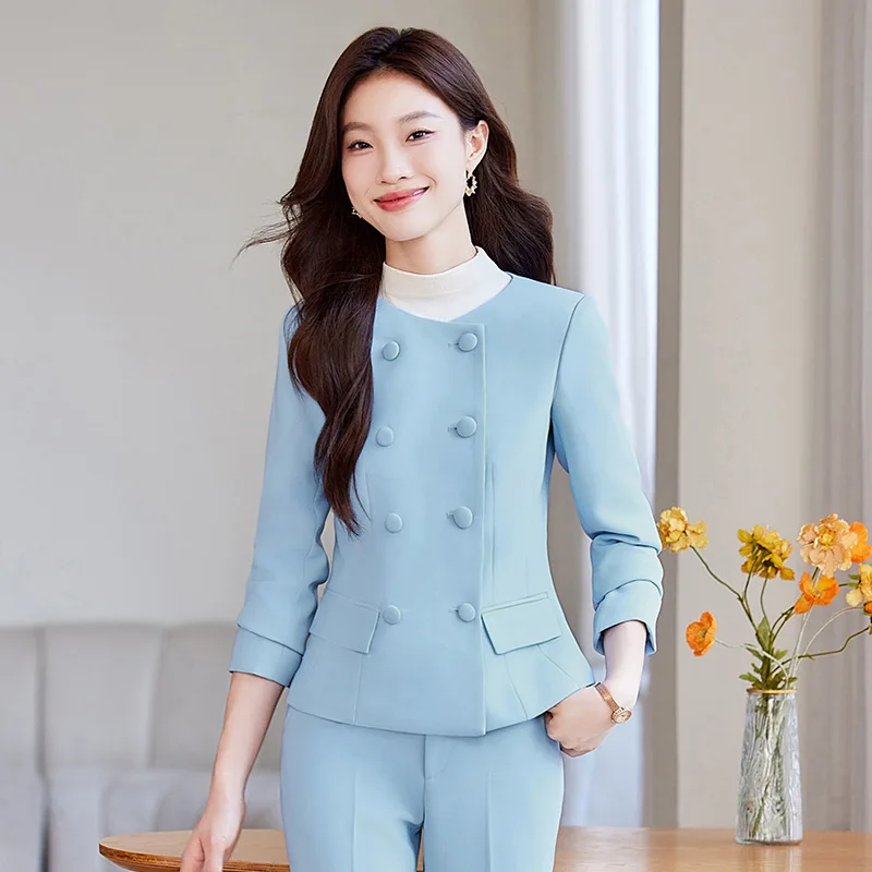 Collarless Blue Blazer for Women2024Spring and Autumn Beauty Salon Hotel Front Stage Work Wear Clothes Professional Tailored Sui