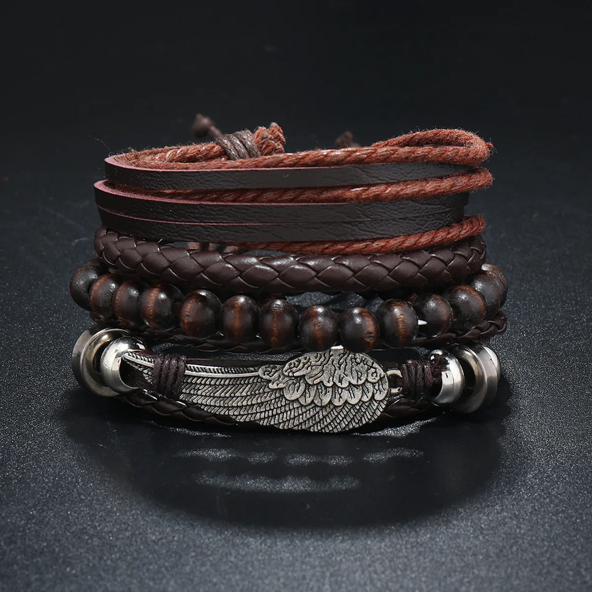 Leather Bracelet For Men New Fashion Feather Retro Style Bracelet Beads, Hand-Diy Woven Leather Bracelet Set