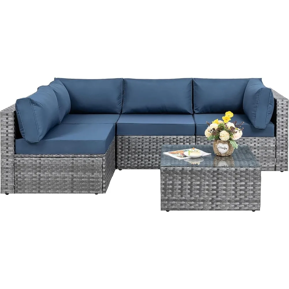 5pcs Patio Outdoor Furniture Sets Conversation Set,Low Back All-Weather Rattan Sectional Sofa with Tea Table&Washable Couch
