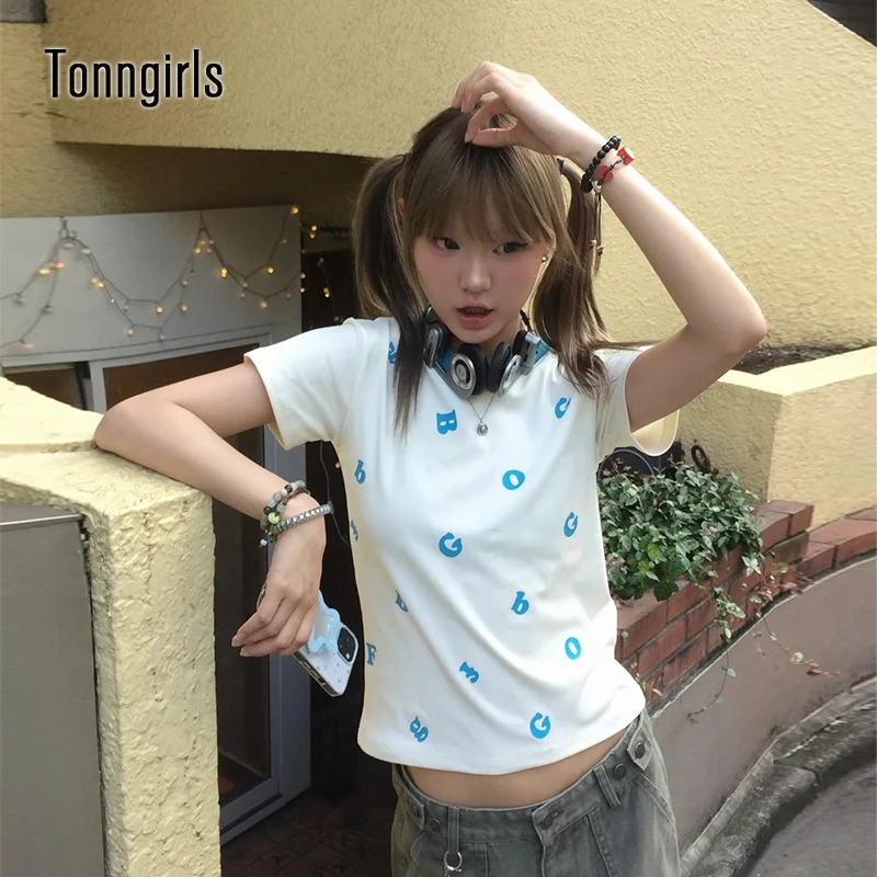 

Tonngirls Y2k японская футболка с буквенным принтом женские укороченные топы в стиле Харадзюку с короткими рукавами уличная футболка в стиле ретро в стиле гранж