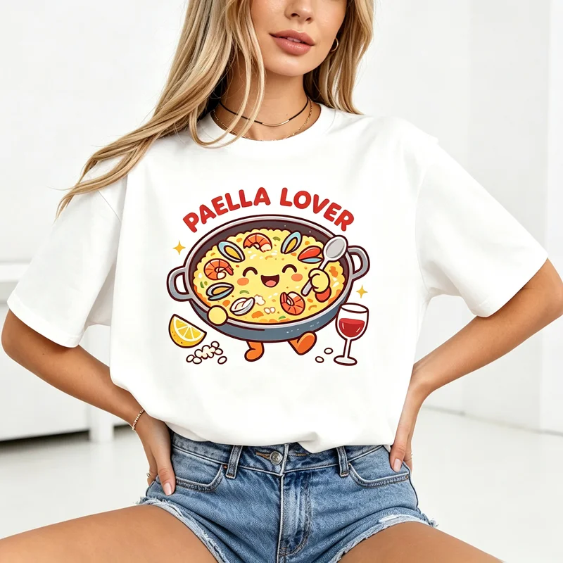 Vintage Paella Lover Graphic T Shirt Women Retro Spanish Food Wine Travel Souvenir Casual Short Sleeve Holiday Vacation Tee Tops