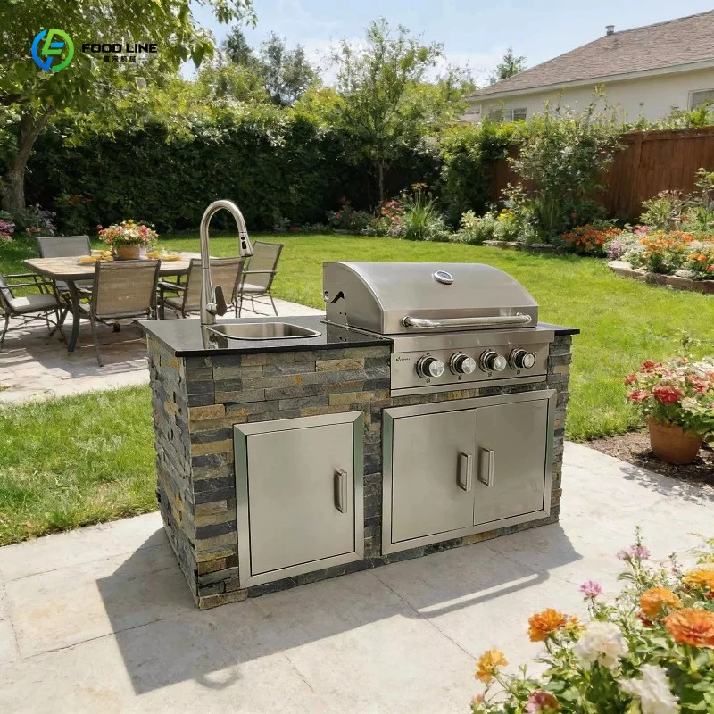 

Custom Outdoor Garden Kitchen BBQ Station Cultural Stone Sink Countertop Built-in BBQ Grill For Home Use