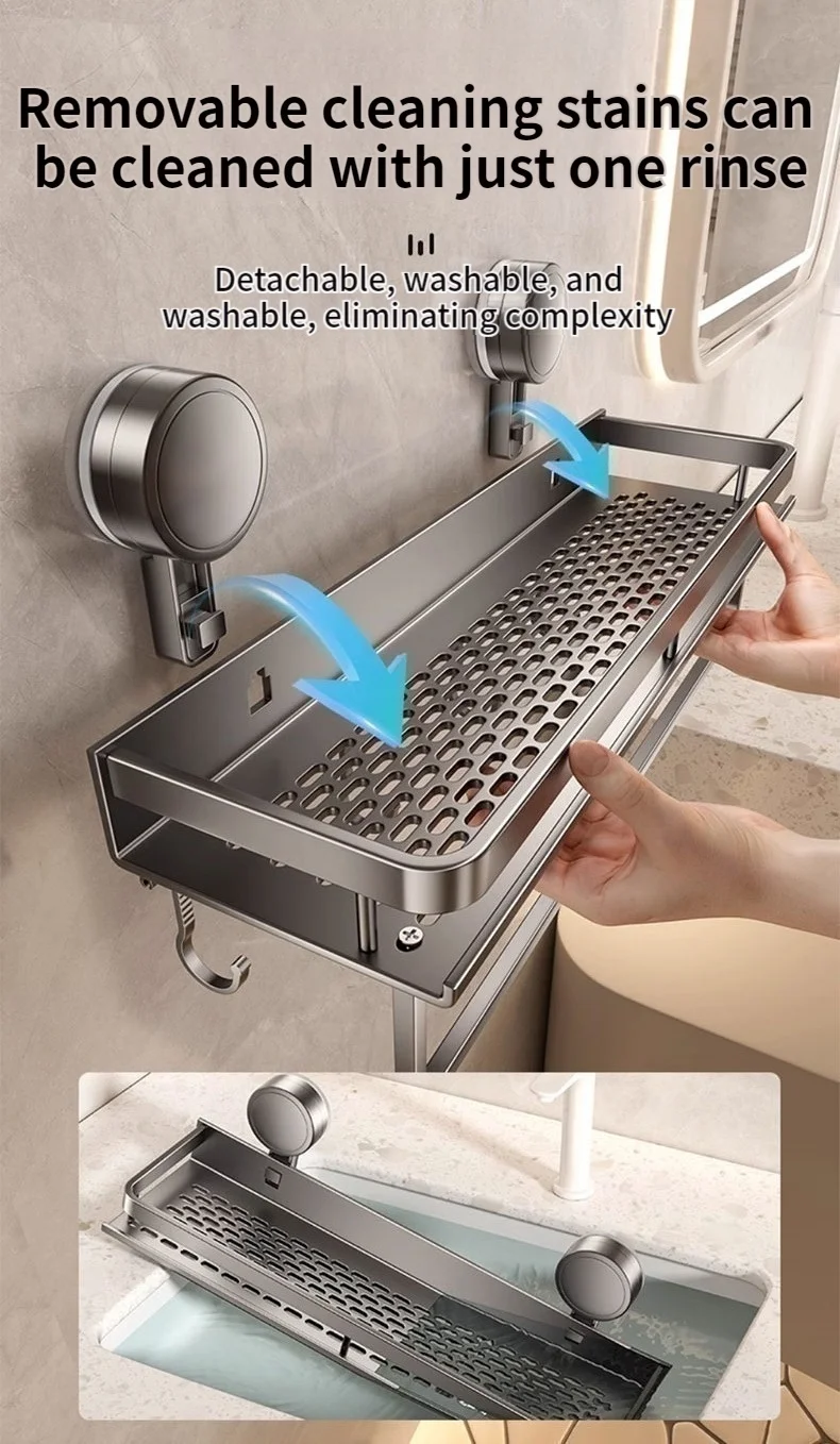 Kein Bohren, Saugnapf, selbstklebendes Badezimmerregal, Badezimmerregal, Toilette, Aluminium-Hängeregal, Badezimmer-Organizer, zum Aufhängen an der Wand – Detail 19