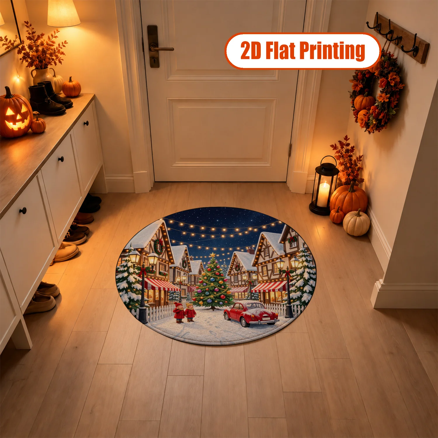 Christmas Snowy Town Scene Round Velvet Rug, Machine Washable Soft Decorative Mat for Entryway, Living Room, Bedroom, Holiday Spaces, Ideal for Halloween, Thanksgiving, Christmas, New Year, Black Friday, Cyber Monday