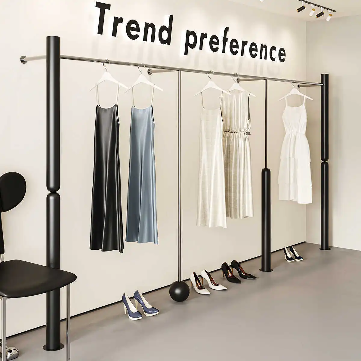 New clothing store black paint with stainless steel brushed men's and women's wall hanging shelves, clothes rod display racks