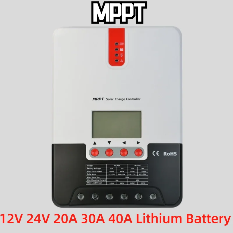 MPPT Solar Charge Controller Auto 12V/24V 20A 30A 40A with LCD Display Regulator for LiFePO4 Lithium Lead Acid RV Home Camper