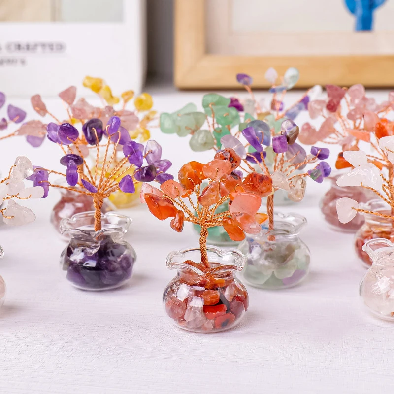 Colorful Gemstone Mini Crystal Money Tree Bonsai With Glass Vase Rose Quartz Amethyst Healing Stones Luck Tree Home Ornaments